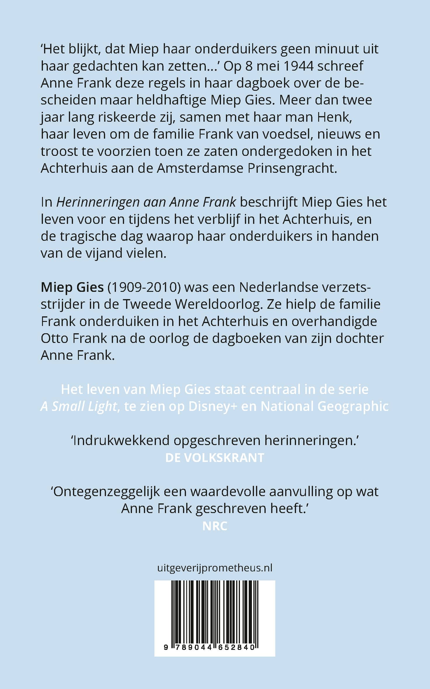 Achterkant: Herinneringen aan Anne Frank